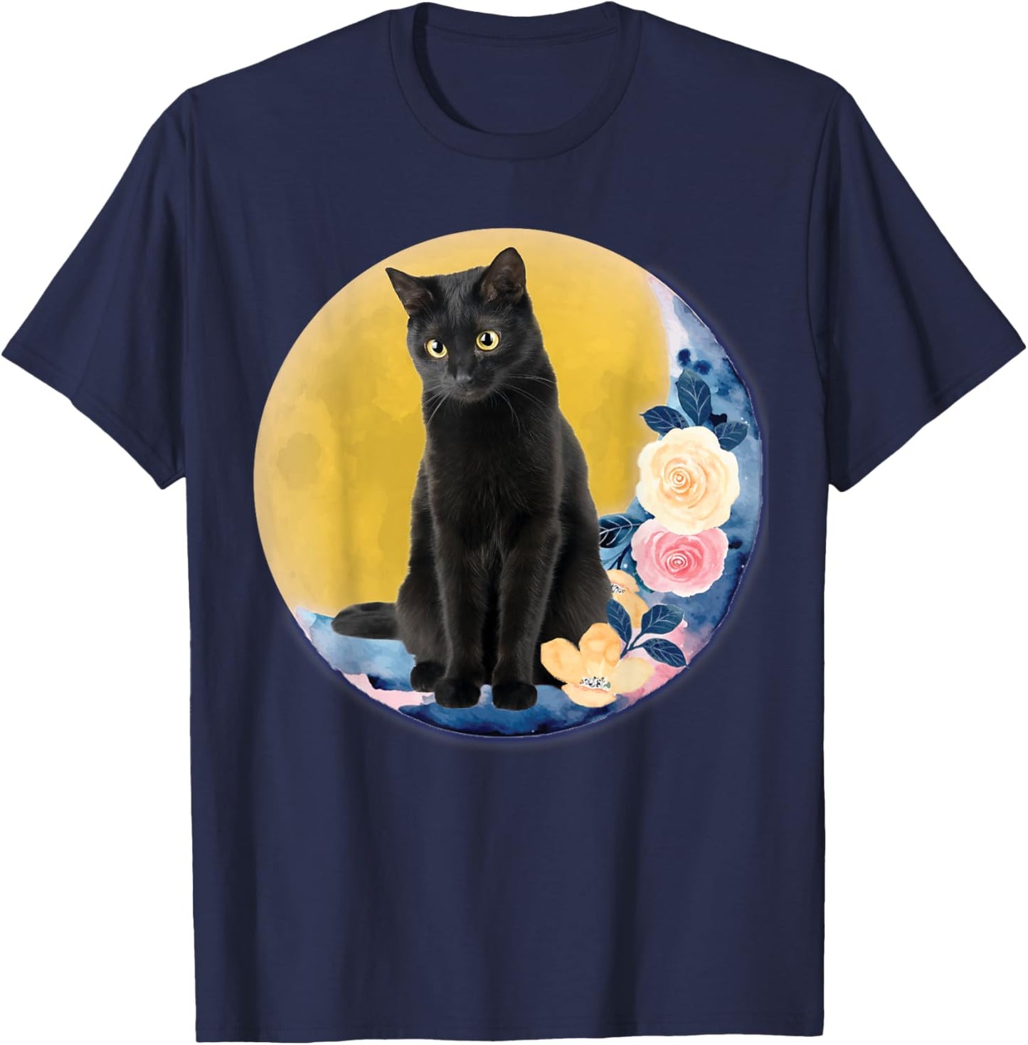 Cute Cat Motif Cat On Crescent Moon With Flowers Moonlight Men Women Kids T-Shirt - T-Shirt | Navy