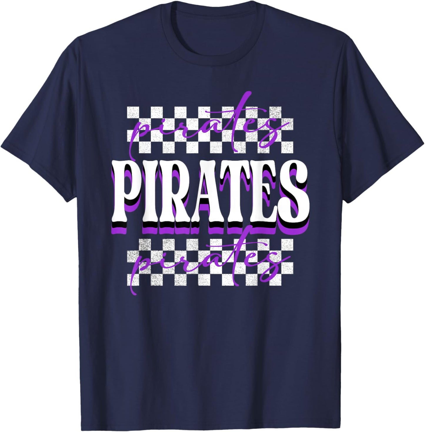 Pirates Checkered School Spirit Purple Pirate Pride Mascot T-Shirt - T-Shirt | Navy