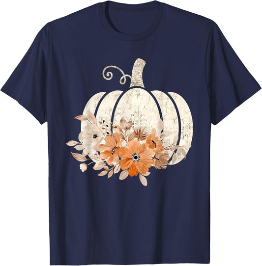Fall Shirt Women Vintage Pumpkin Autumn Graphic Thanksgiving T-Shirt - T-Shirt | Navy