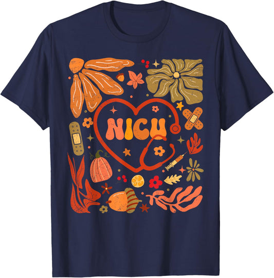 NICU Nurse Heart Pumpkin Boho Flower Thanksgiving T-Shirt - T-Shirt | Navy