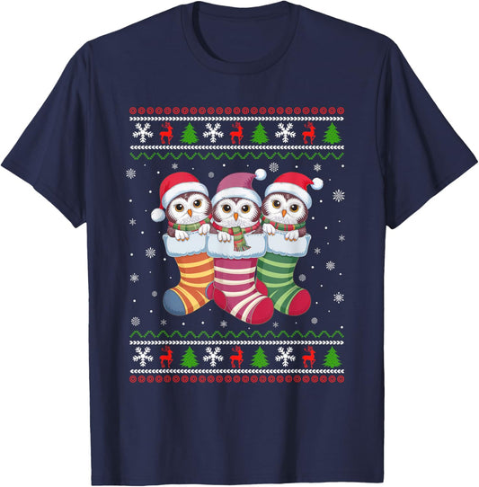 Ugly Xmas Sweater Snowy Owl In Christmas Socks T-Shirt - T-Shirt | Navy