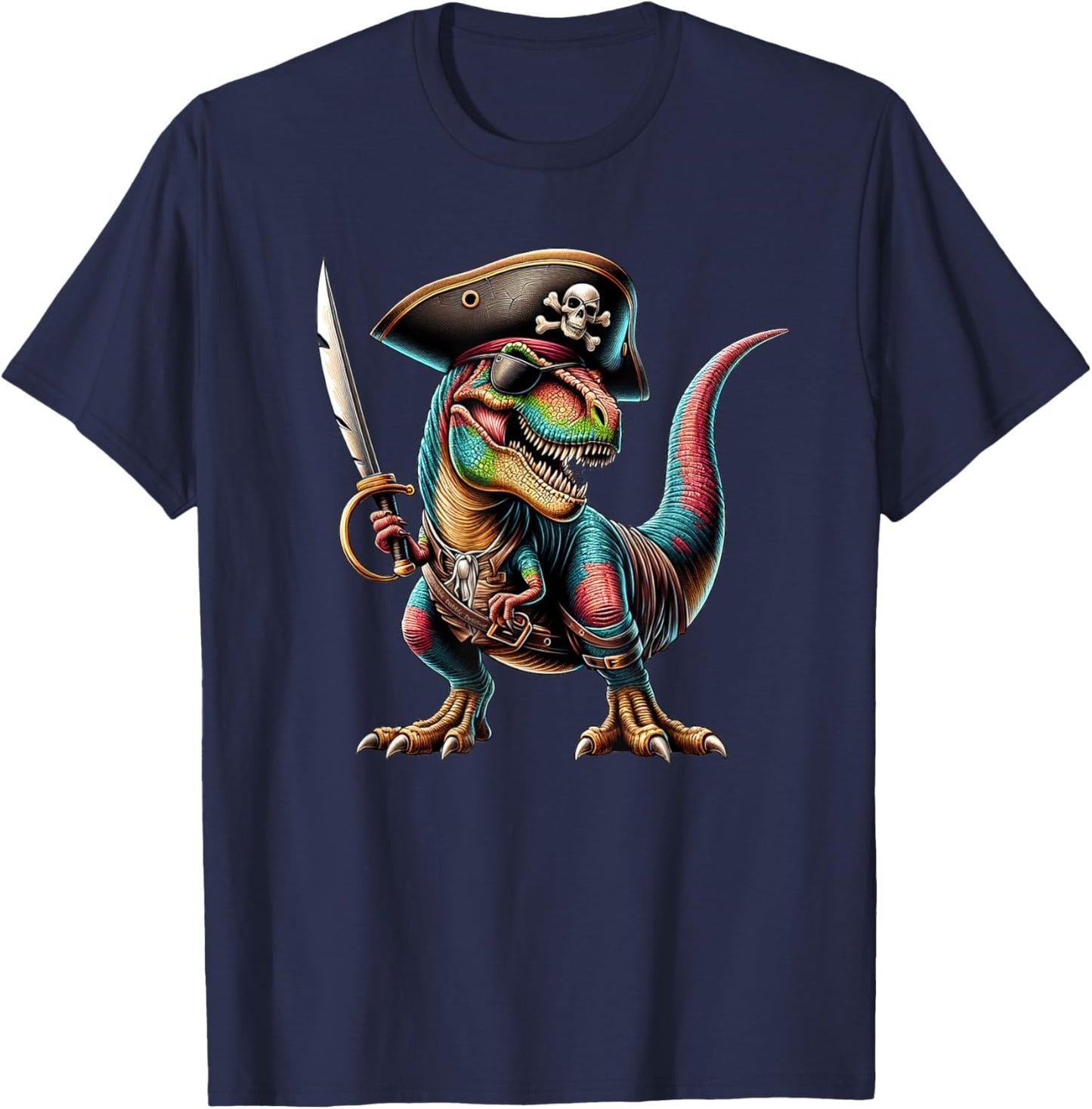 Pirate Dinosaur T-Rex with Sword and Eye Patch Pirate T-Shirt - T-Shirt | Navy