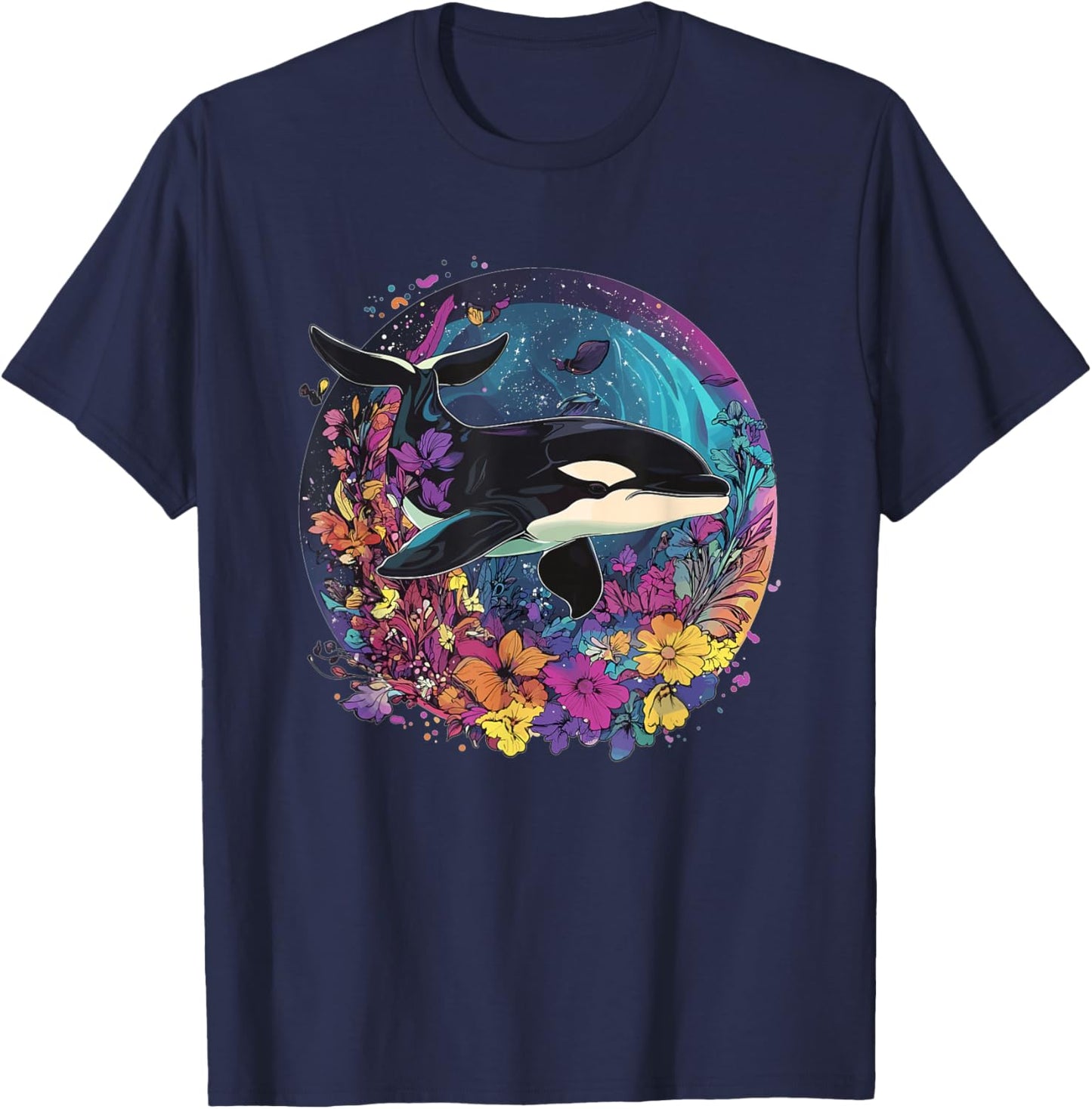 Orca Whale Surrounded By Vibrant Flowers T-Shirt - T-Shirt | Navy