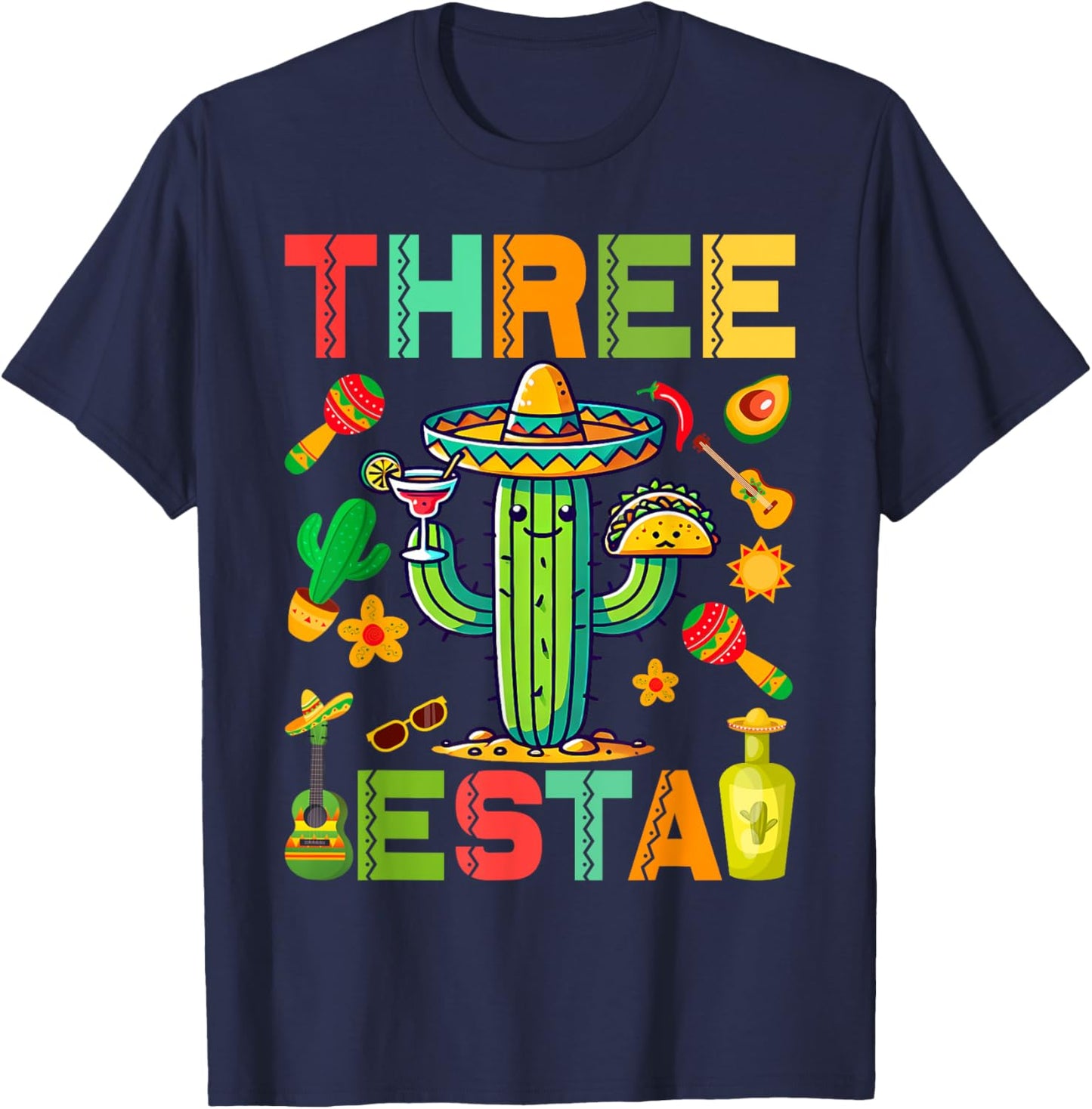 Mexican Themed Party 3rd Birthday Three Esta Birthday T-Shirt - T-Shirt | Navy