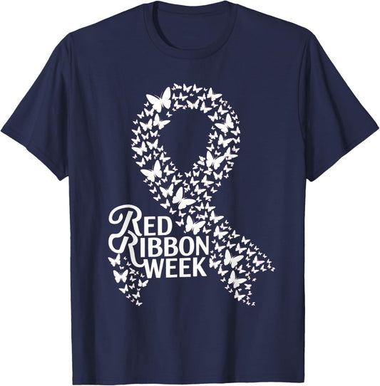 Red Ribbon Week 2025 HOPE LOVE SUPPORT Red Ribbon Week T-Shirt - T-Shirt | Navy