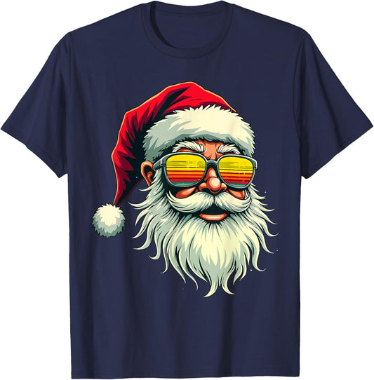 Santa Face Retro Sunglasses Christmas Xmas Men Women Kids T-Shirt - T-Shirt | Navy