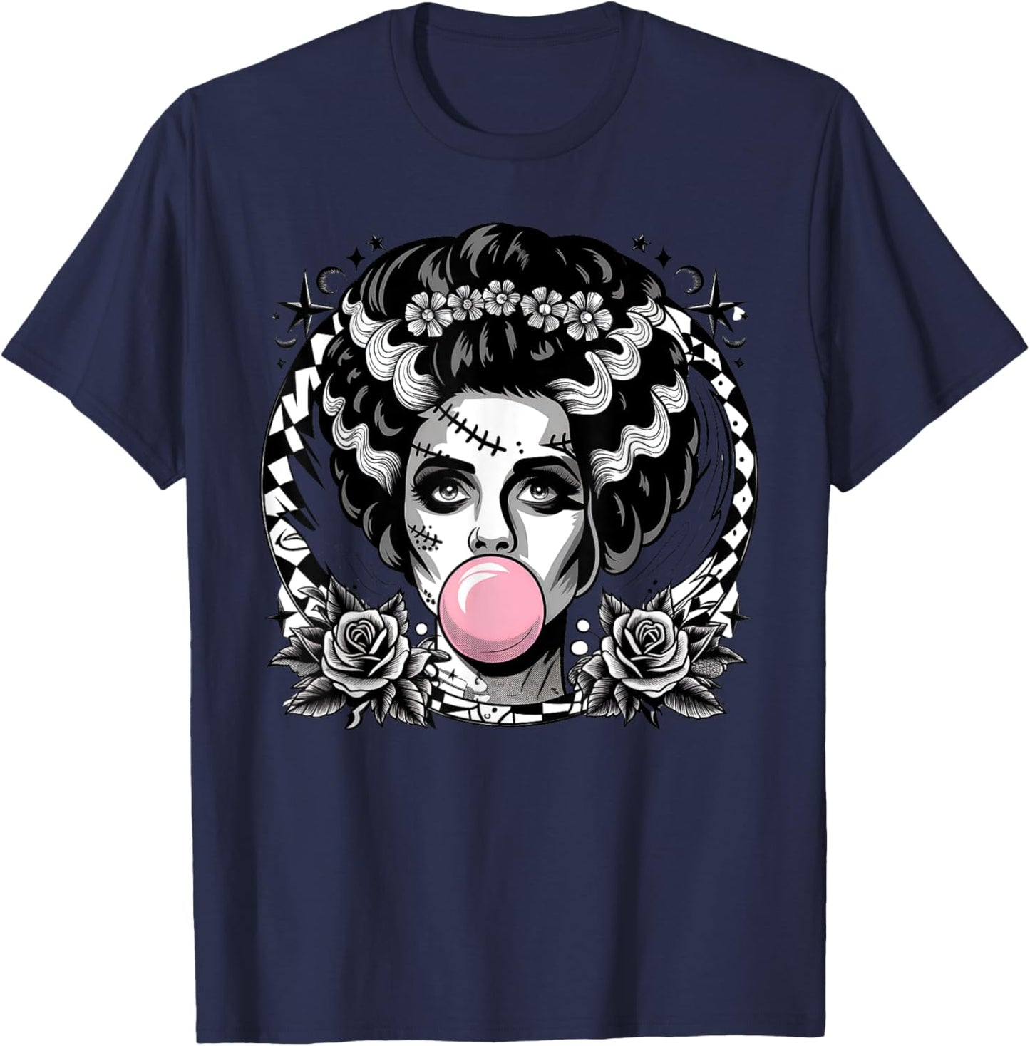 Frankenstein Monster And Bride Bubble Gum Funny Halloween T-Shirt - T-Shirt | Navy