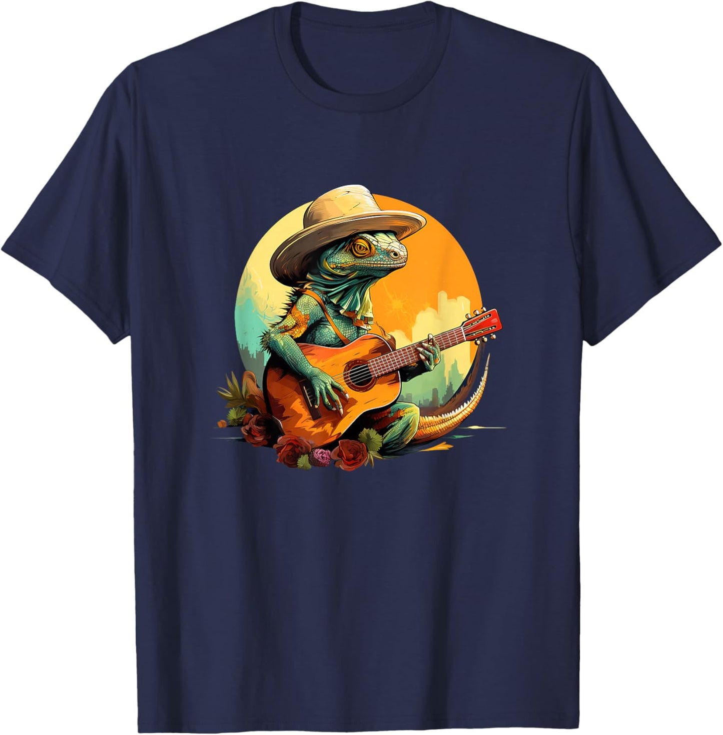 Cowboy Country Iguana Lizard Playing Guitar - Mexico Vintage T-Shirt - T-Shirt | Navy