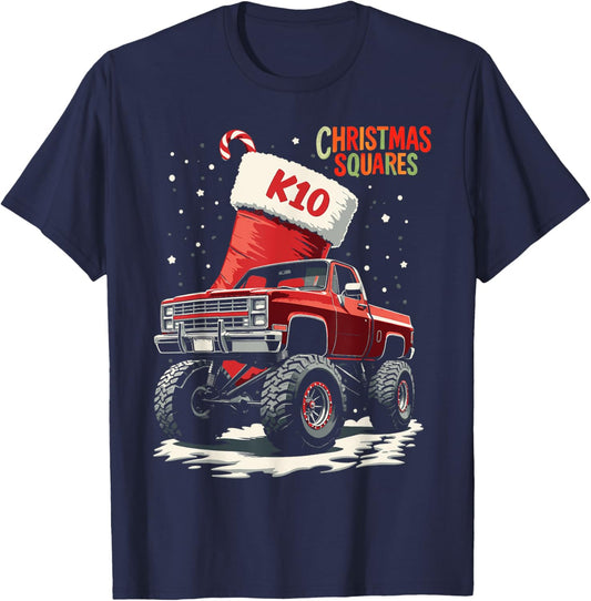 Squarebody K10 Christmas Squares Holiday Stocking truck T-Shirt - T-Shirt | Navy