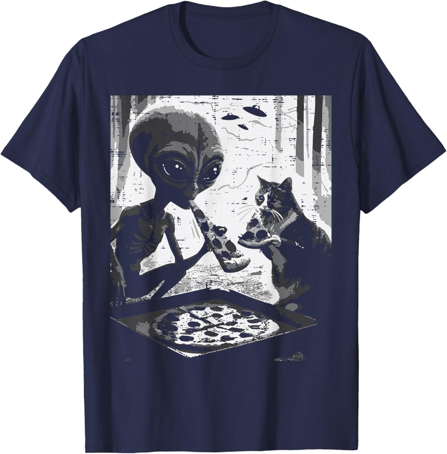 Alien And Cat Eating Pizza Funny Snack Food Men Women Kids T-Shirt - T-Shirt | Navy