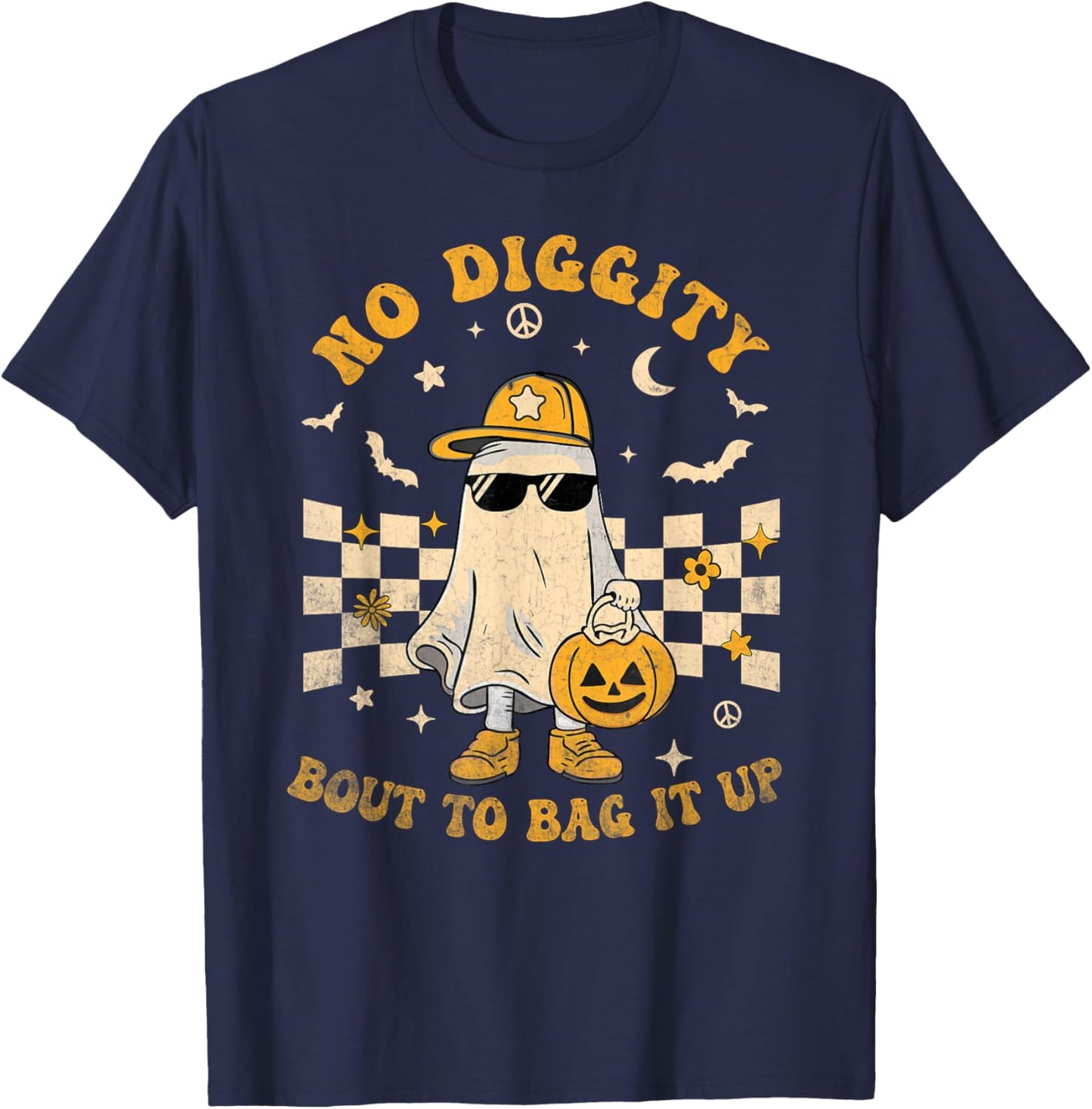 Retro Halloween Ghost No Diggity Bout to Bag it Up Kids T-Shirt - T-Shirt | Navy