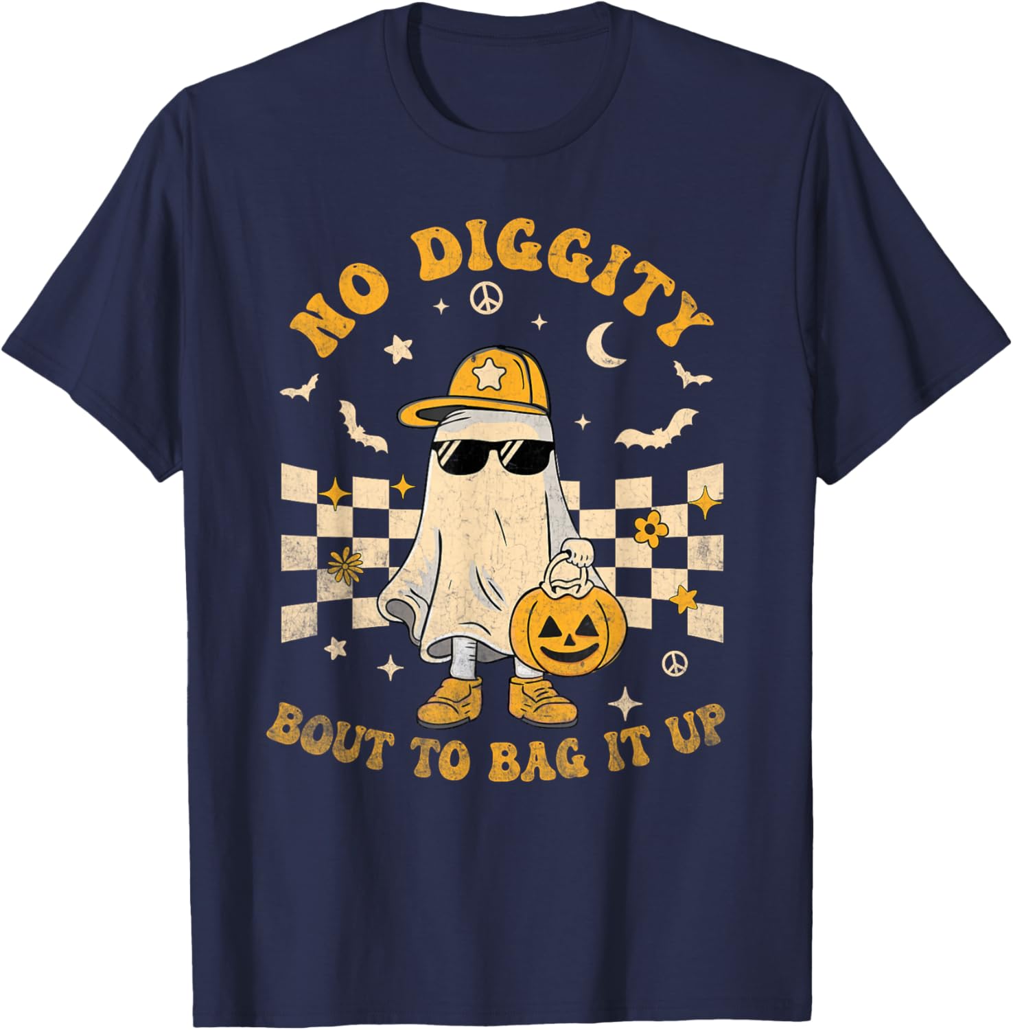 Retro Halloween Ghost No Diggity Bout to Bag it Up Kids T-Shirt - T-Shirt | Navy
