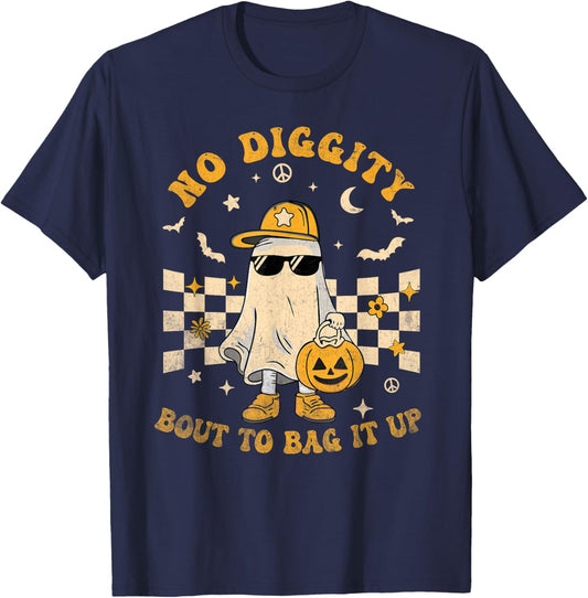 Retro Halloween Ghost No Diggity Bout to Bag it Up Kids T-Shirt - T-Shirt | Navy