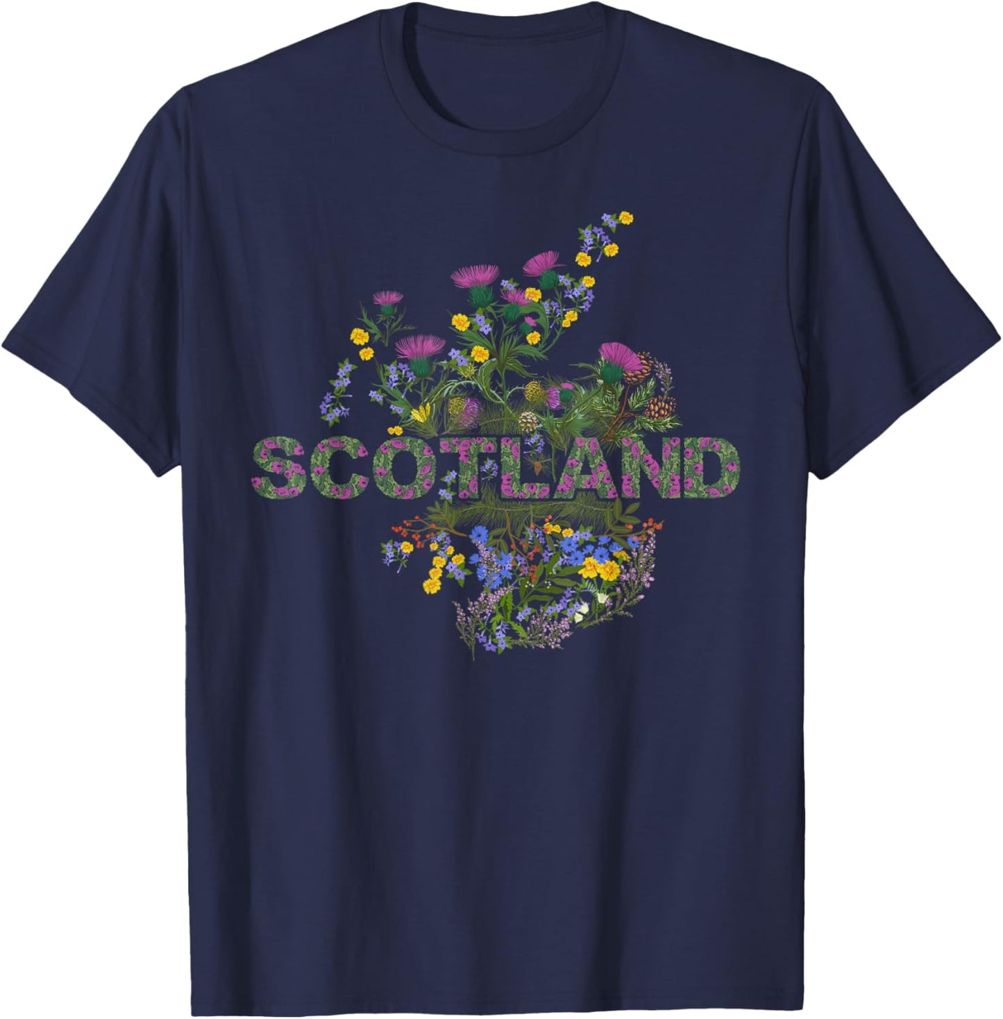 Scotland Map - Scottish Highland Botanicals Nature Souvenir T-Shirt - T-Shirt | Navy