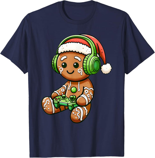 Christmas Gamer Gingerbread Santa Hat Xmas Gaming Men Boys T-Shirt - T-Shirt | Navy