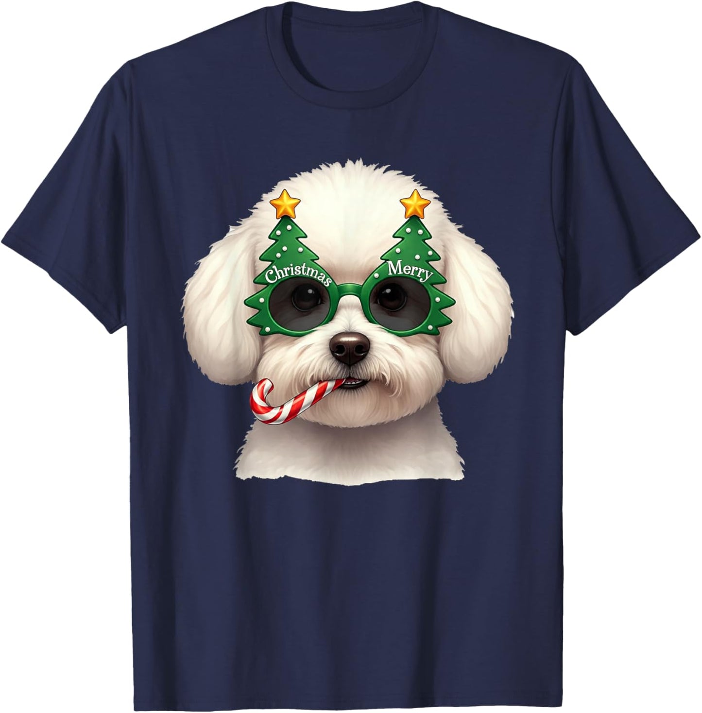 Christmas Tree Sunglasses Bichon Frise Candy Cane Men Women T-Shirt - T-Shirt | Navy