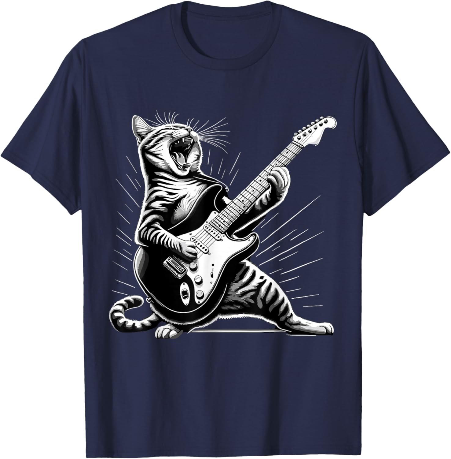 Humorous Gifts for Guitarist Rock and Roll Cat Playing Guitar T-Shirt - T-Shirt | Navy