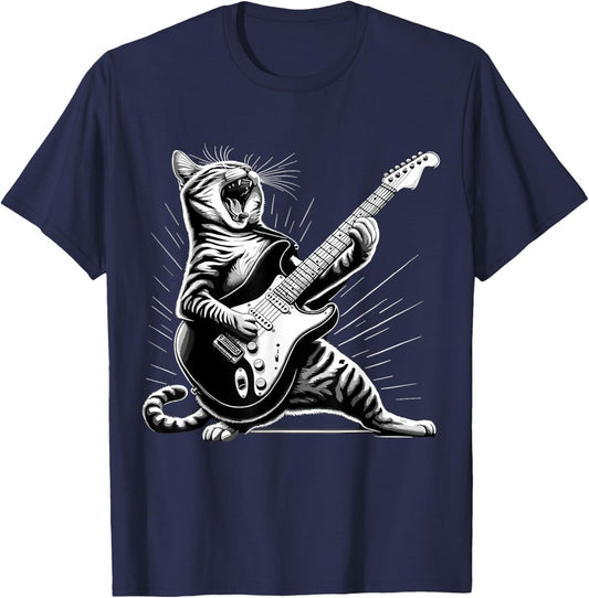 Humorous Gifts for Guitarist Rock and Roll Cat Playing Guitar T-Shirt - T-Shirt | Navy
