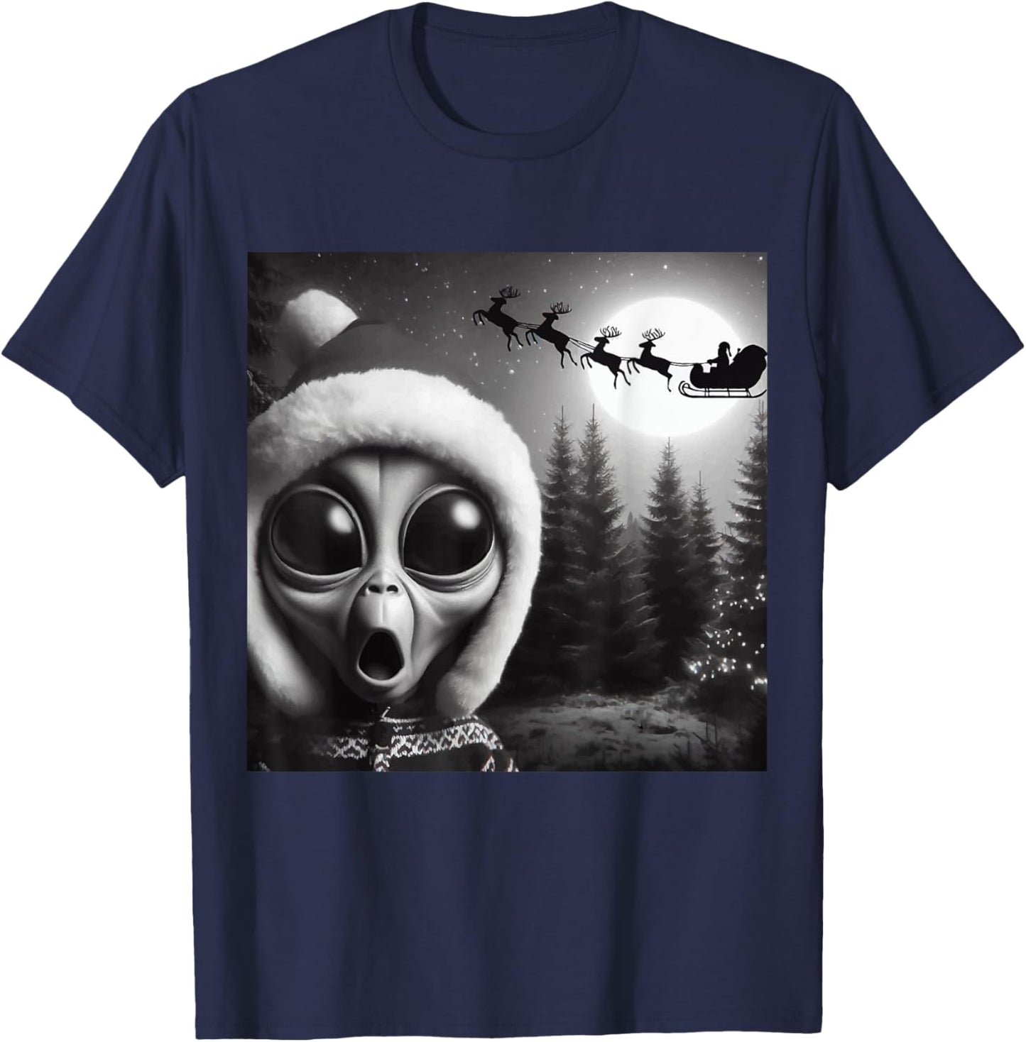 Christmas Alien Shocked by Santa’s Sleigh,Funny Holiday Xmas T-Shirt - T-Shirt | Navy
