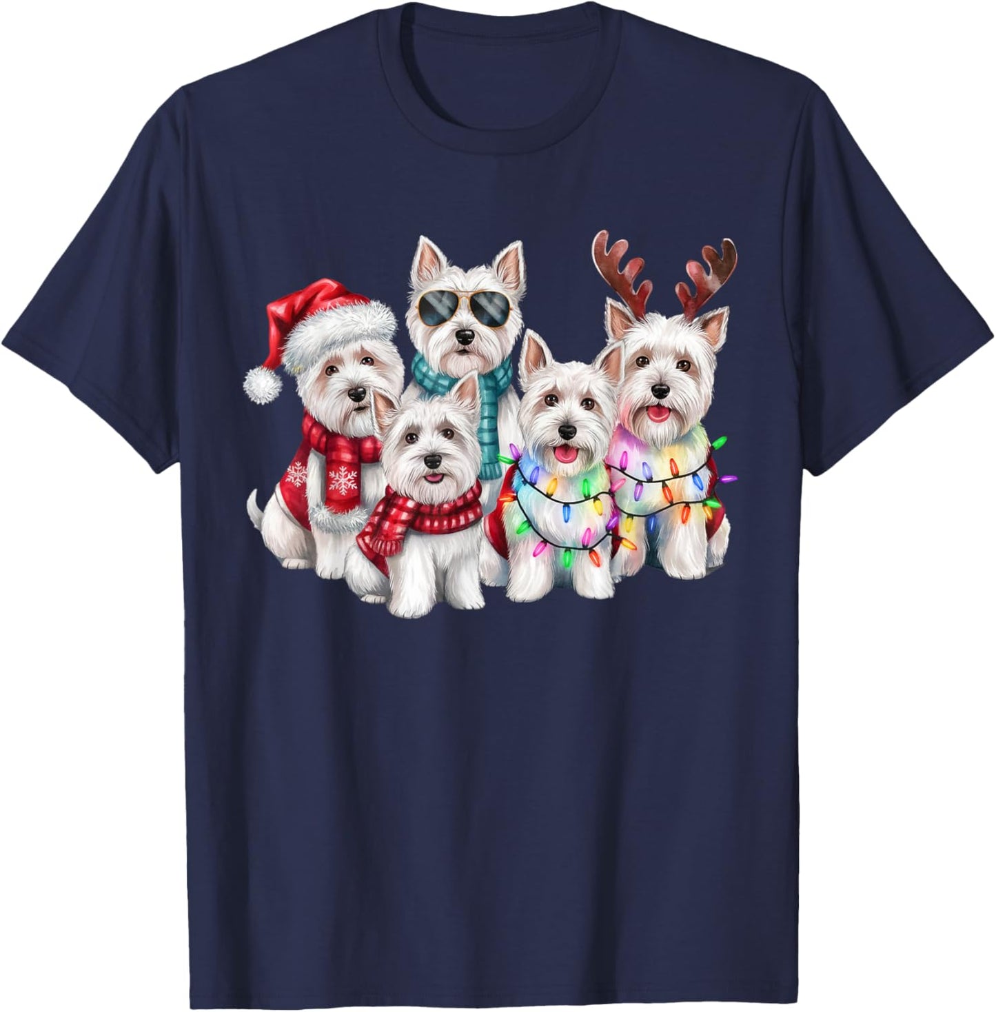 Westie Reindeer Christmas Lights Dog Lover Xmas Pajama Men Women T-Shirt - T-Shirt | Navy