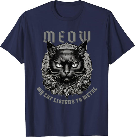 MEOW My Cat Listens to Metal Heavy Metal Black Cat Women T-Shirt - T-Shirt | Navy