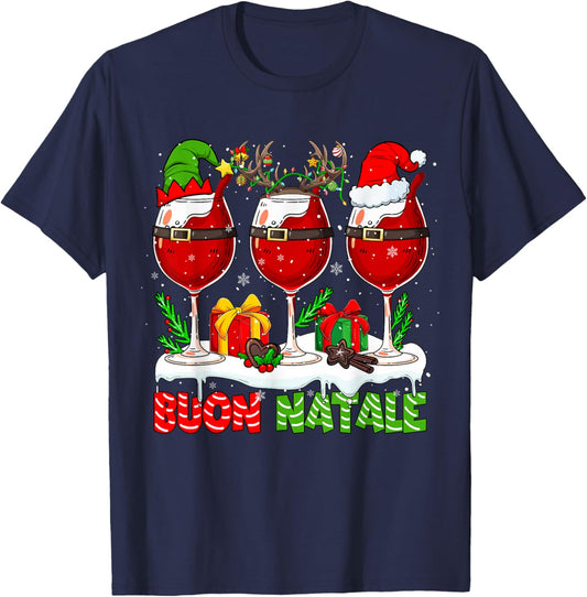 Buon Natale Merry Christmas Italian Three Santa Wine Glasses T-Shirt - T-Shirt | Navy