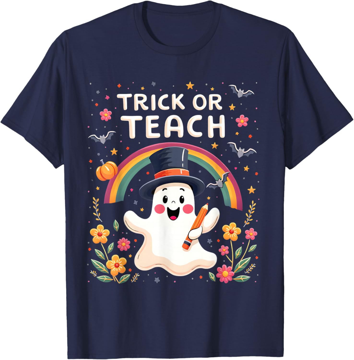 Trick Or Teach Cute Halloween Ghost Theme T-Shirt - T-Shirt | Navy