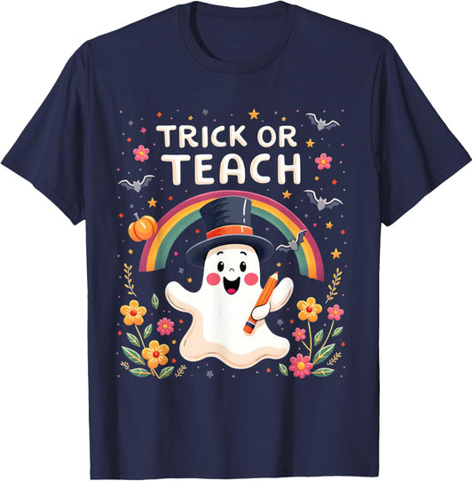 Trick Or Teach Cute Halloween Ghost Theme T-Shirt - T-Shirt | Navy