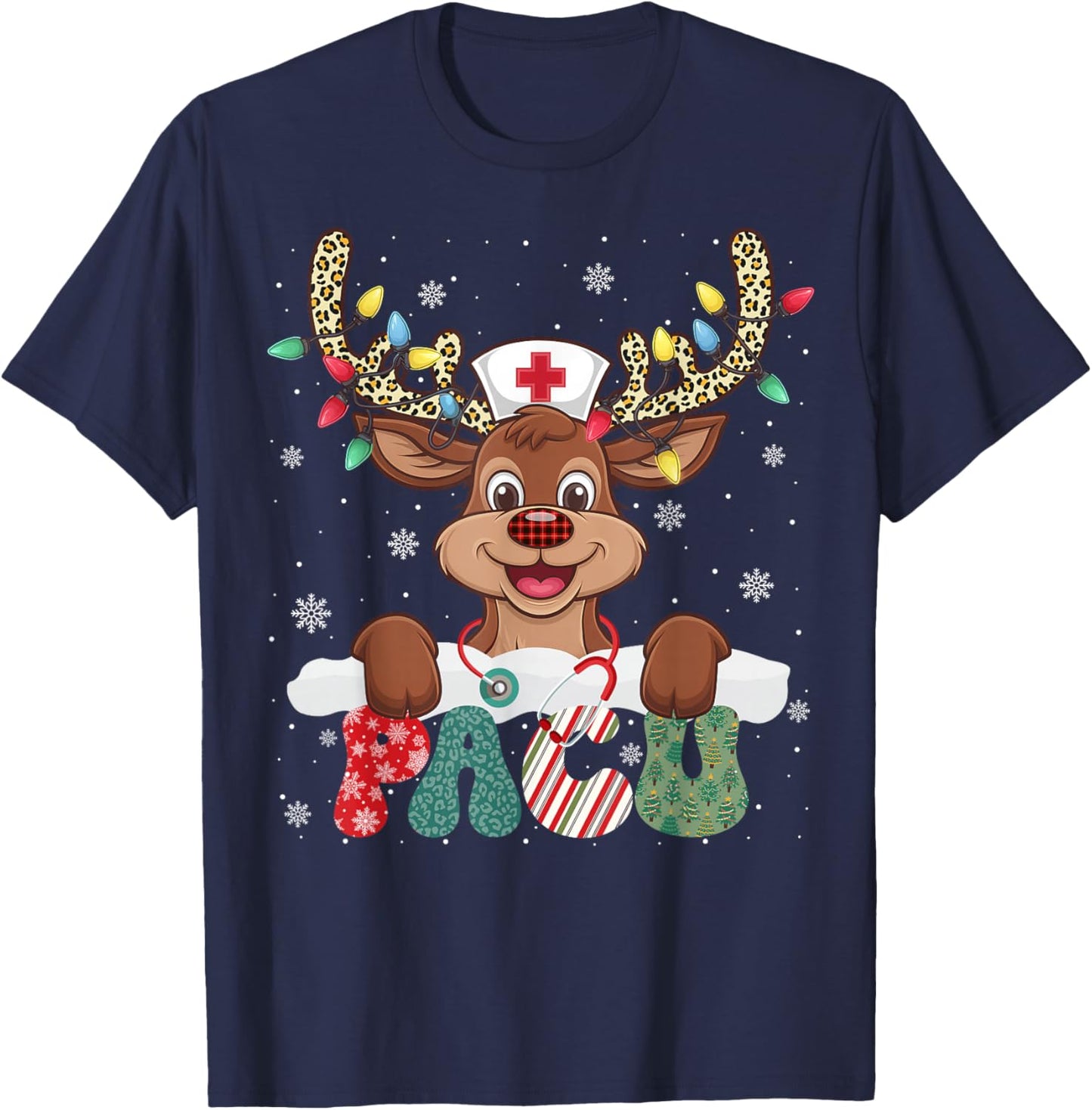 PACU Nurse Reindeer Nurse Hat Christmas Light Women Girl T-Shirt - T-Shirt | Navy