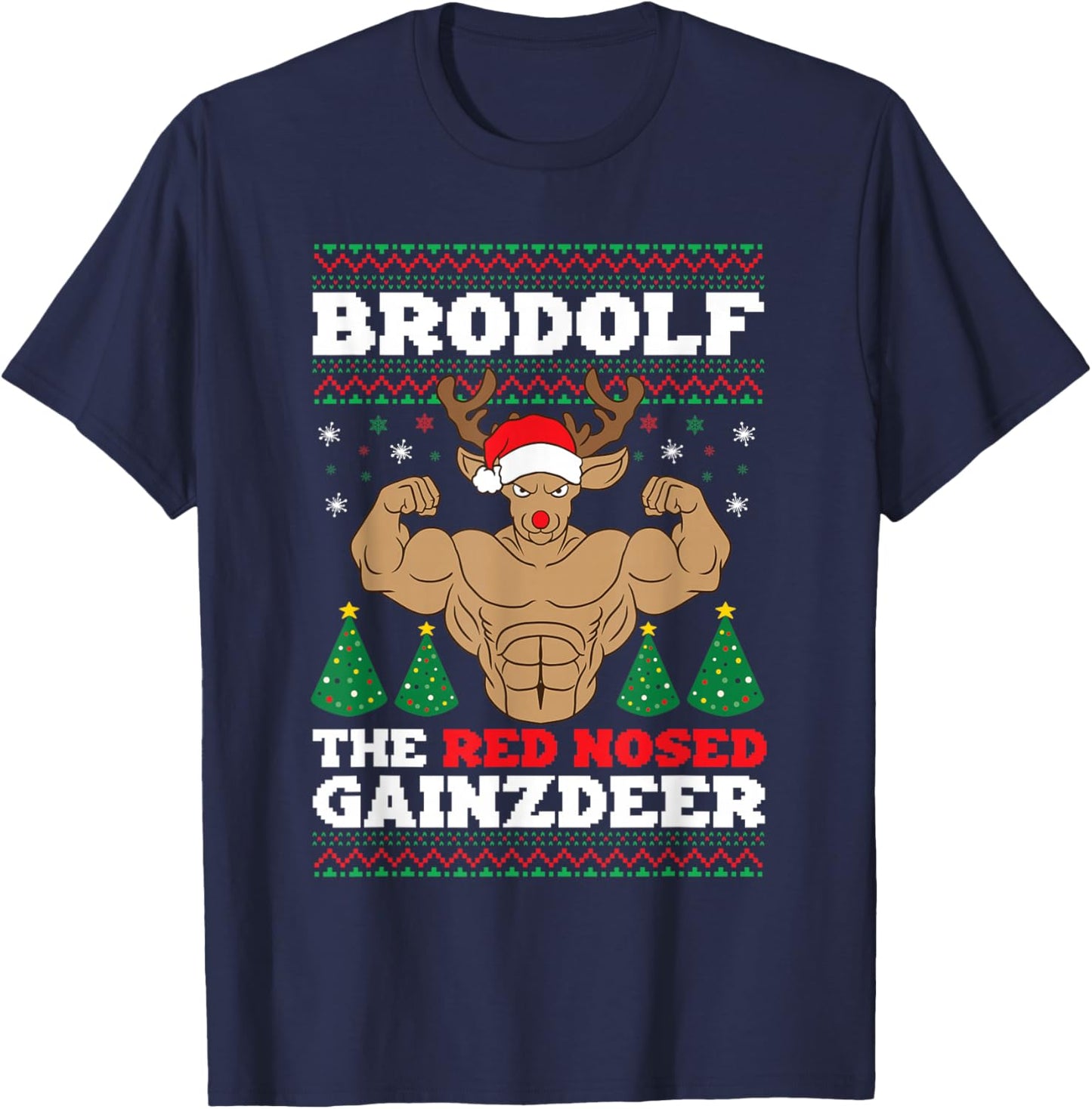 Brodolf Funny Christmas Buff Reindeer Gym Bodybuilding Xmas T-Shirt - T-Shirt | Navy