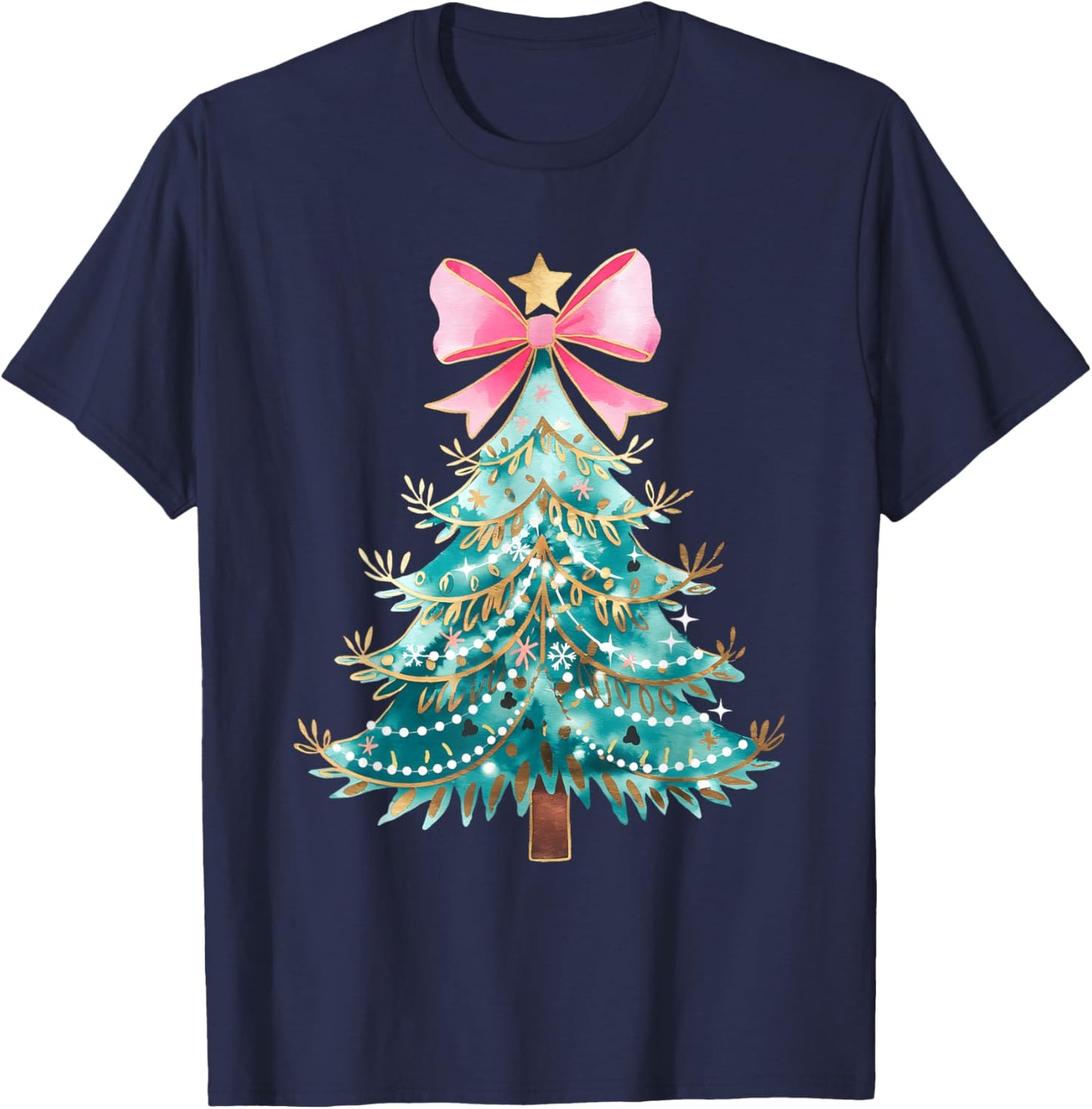 Christmas Tree Bow Pink Christmas Coquette Bow Xmas Holiday T-Shirt - T-Shirt | Navy