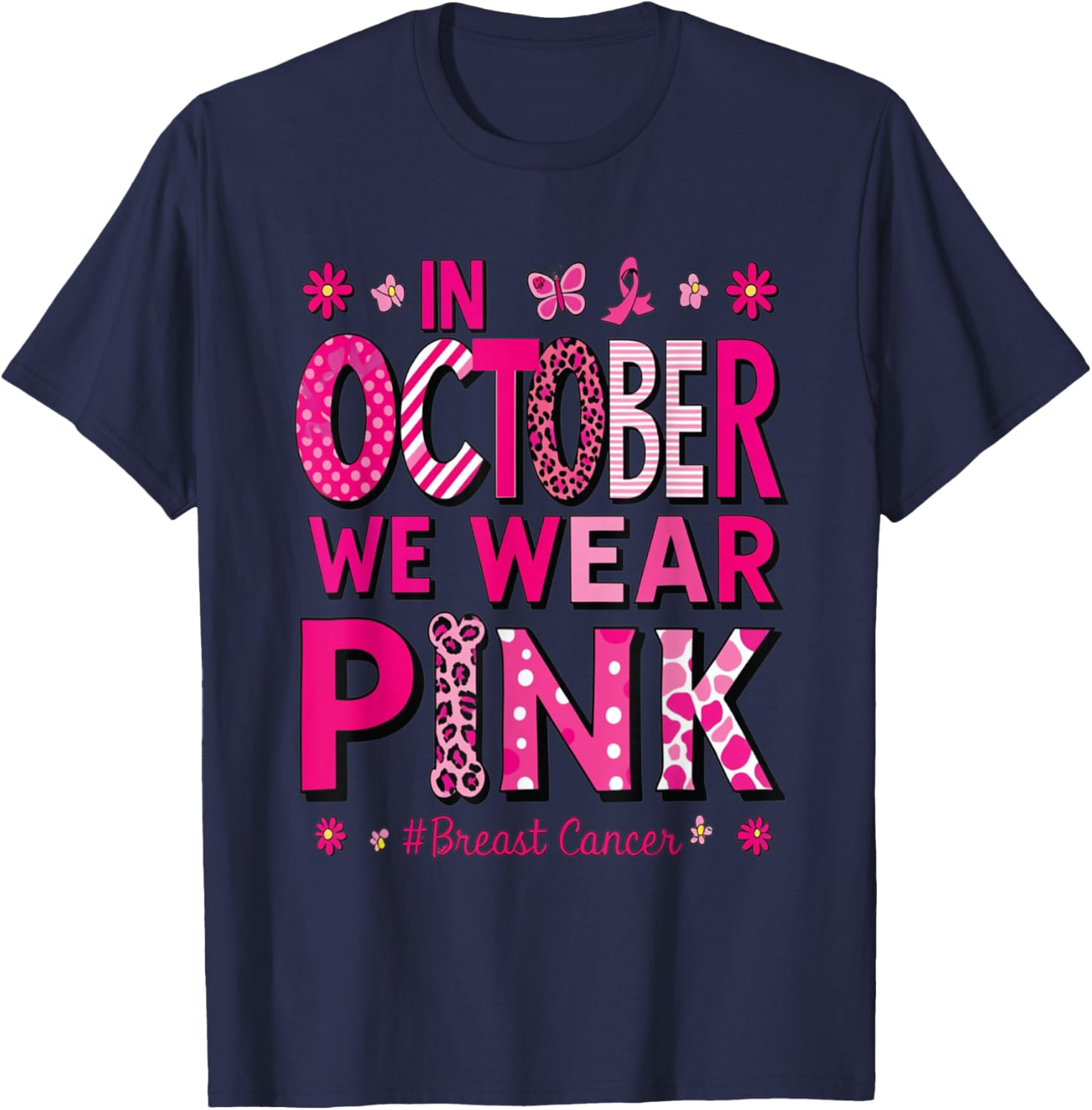 In October We Wear Pink Rainbow Breast Cancer Awareness T-Shirt - T-Shirt | Navy