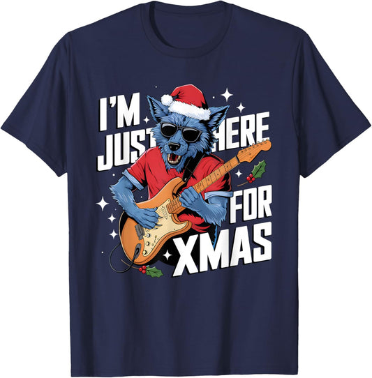 I’m Just Here For Xmas Werewolf Play Guitar Cookies and Chao T-Shirt - T-Shirt | Navy