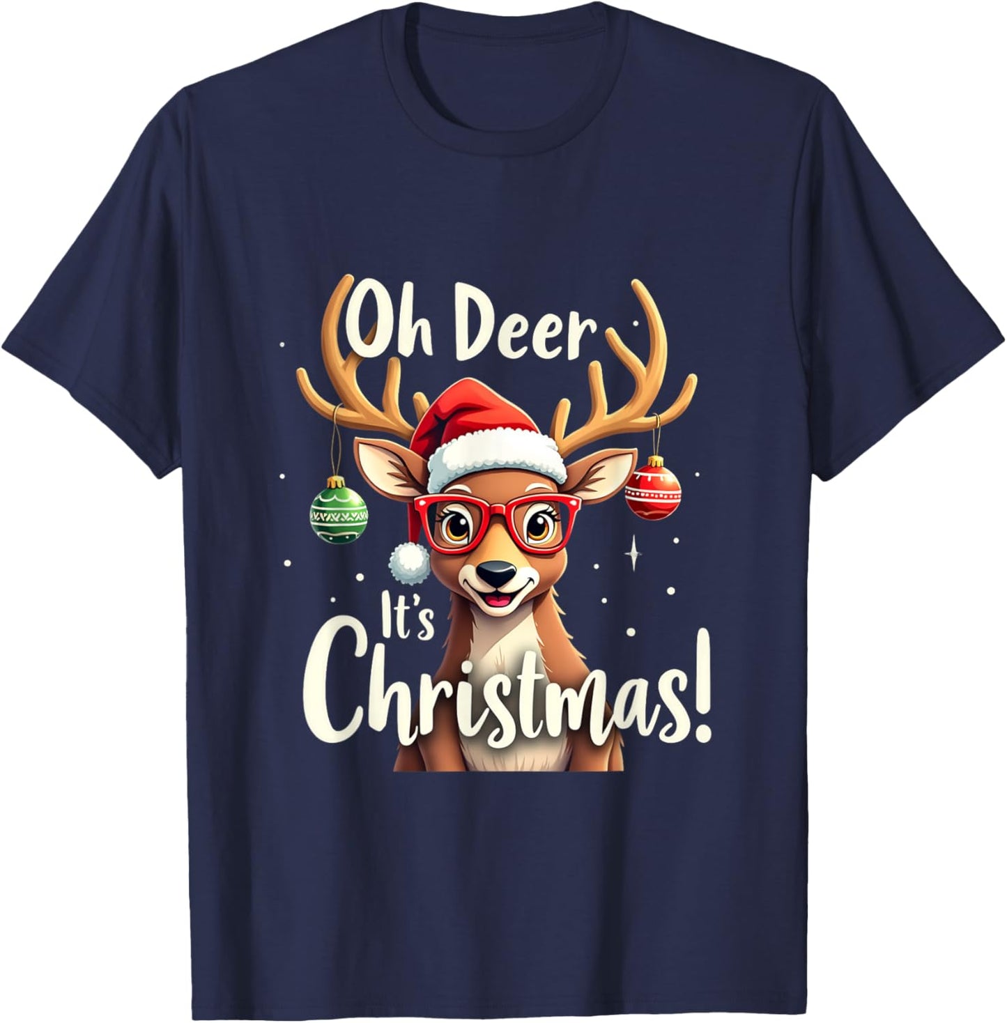 Oh Deer It's Christmas with Santa Hat and Glasses T-Shirt - T-Shirt | Navy
