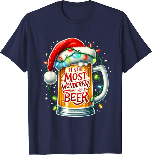 Funny Santa Claus Drinking Beer Wonderful Time Christmas T-Shirt - T-Shirt | Navy