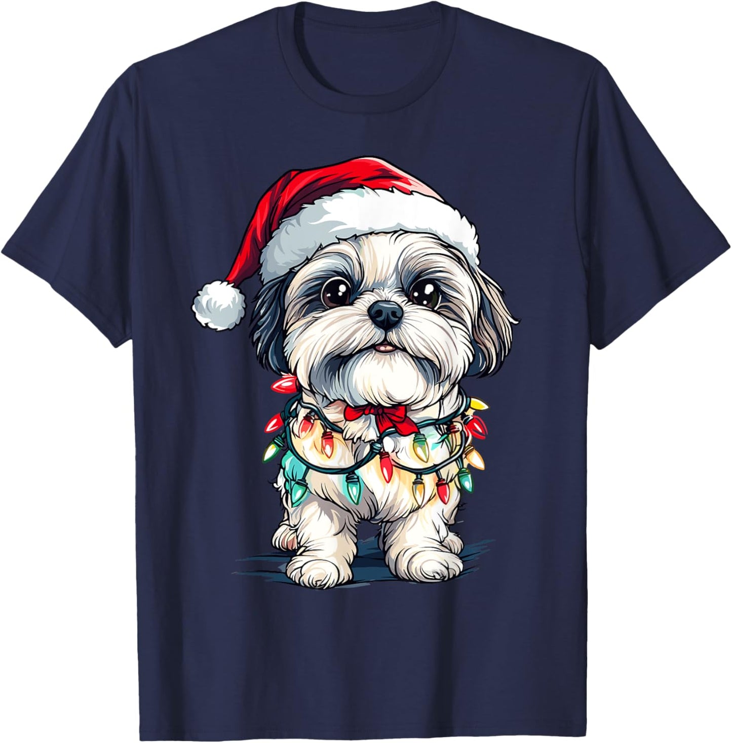 Shih Tzu Santa Christmas Tree Lights Xmas Dog Lover Pajama Women Kids T-Shirt - T-Shirt | Navy