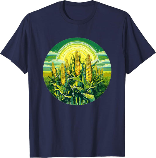 Cornfield Under Radiant Sun Nature Scene T-Shirt - T-Shirt | Navy
