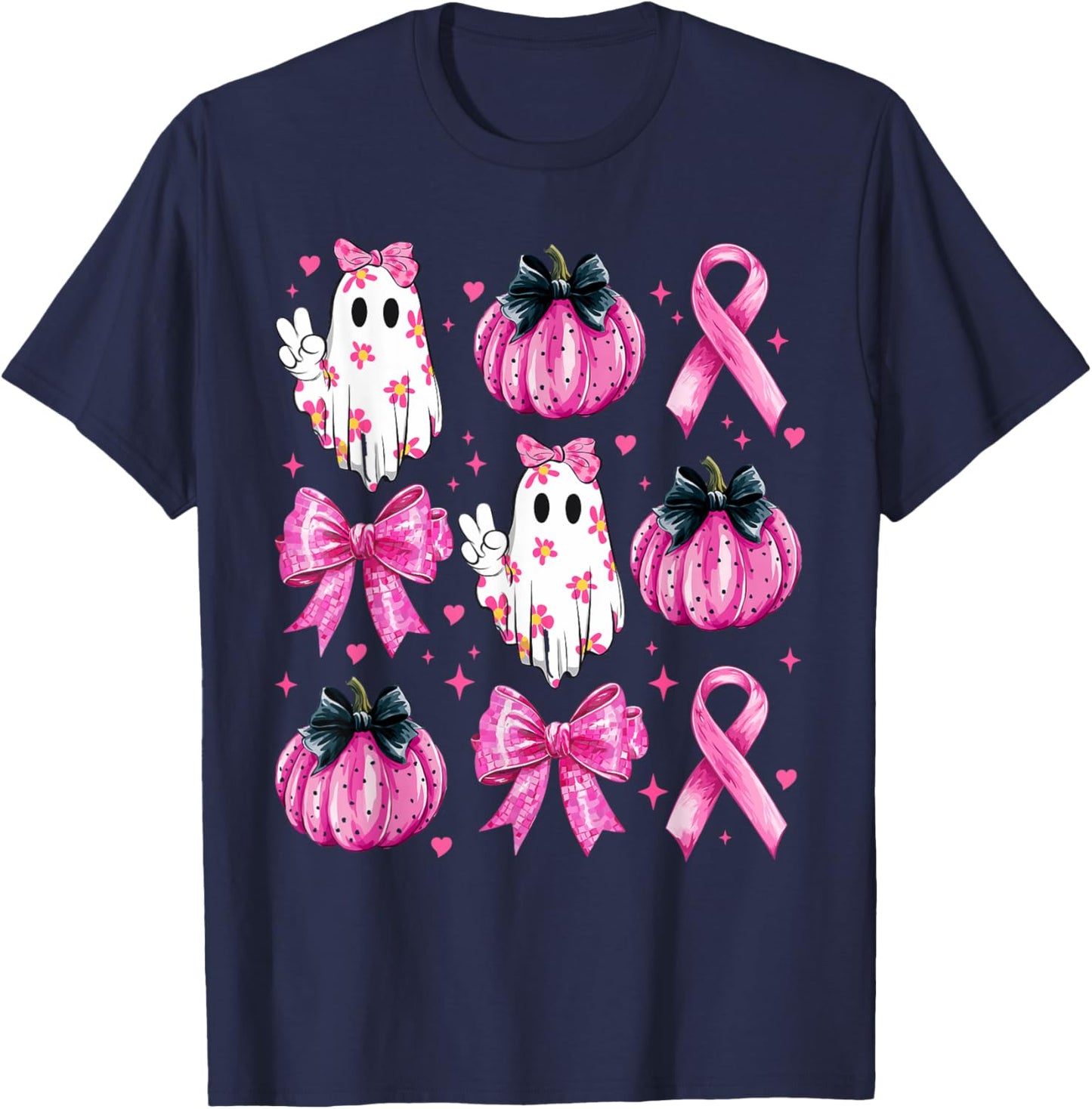 Retro Groovy Breast Cancer Ghost Coquette Halloween Pink T-Shirt - T-Shirt | Navy