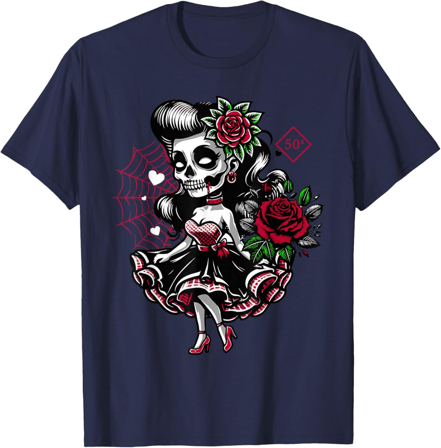 Kawaii Rockabilly Skeleton Pin Up Horror Rebel T-Shirt - T-Shirt | Navy