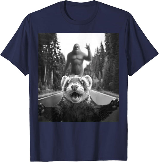 Ferret Selfie With Bigfoot Funny Gifts Women Kids T-Shirt - T-Shirt | Navy