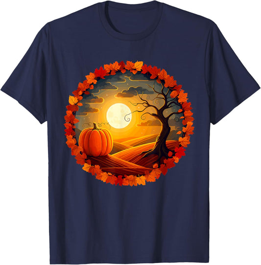 Cottagecore Pumpkin Leaves Trees Fall Autumn Fall Season T-Shirt - T-Shirt | Navy