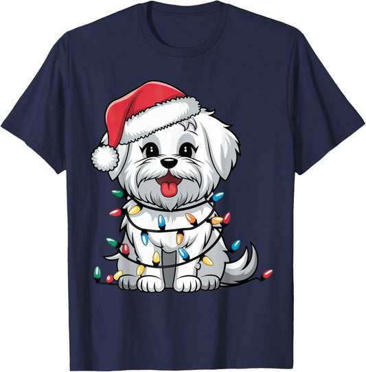Maltese Christmas Lights Xmas Dogs Gifts Women Kids T-Shirt - T-Shirt | Navy