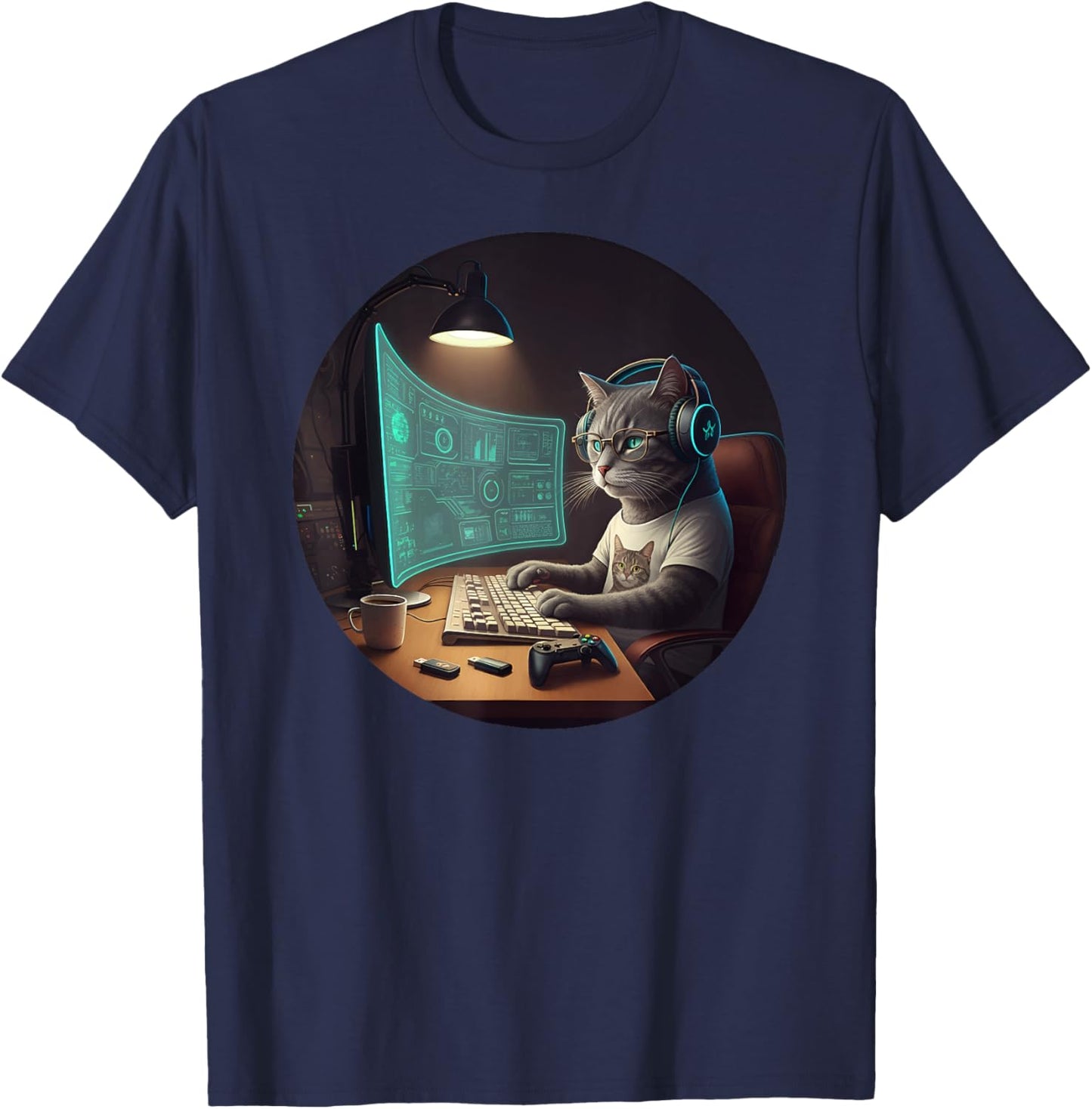 Cat Computer Science Nerd Tech Coding Gaming Programmer T-Shirt - T-Shirt | Navy