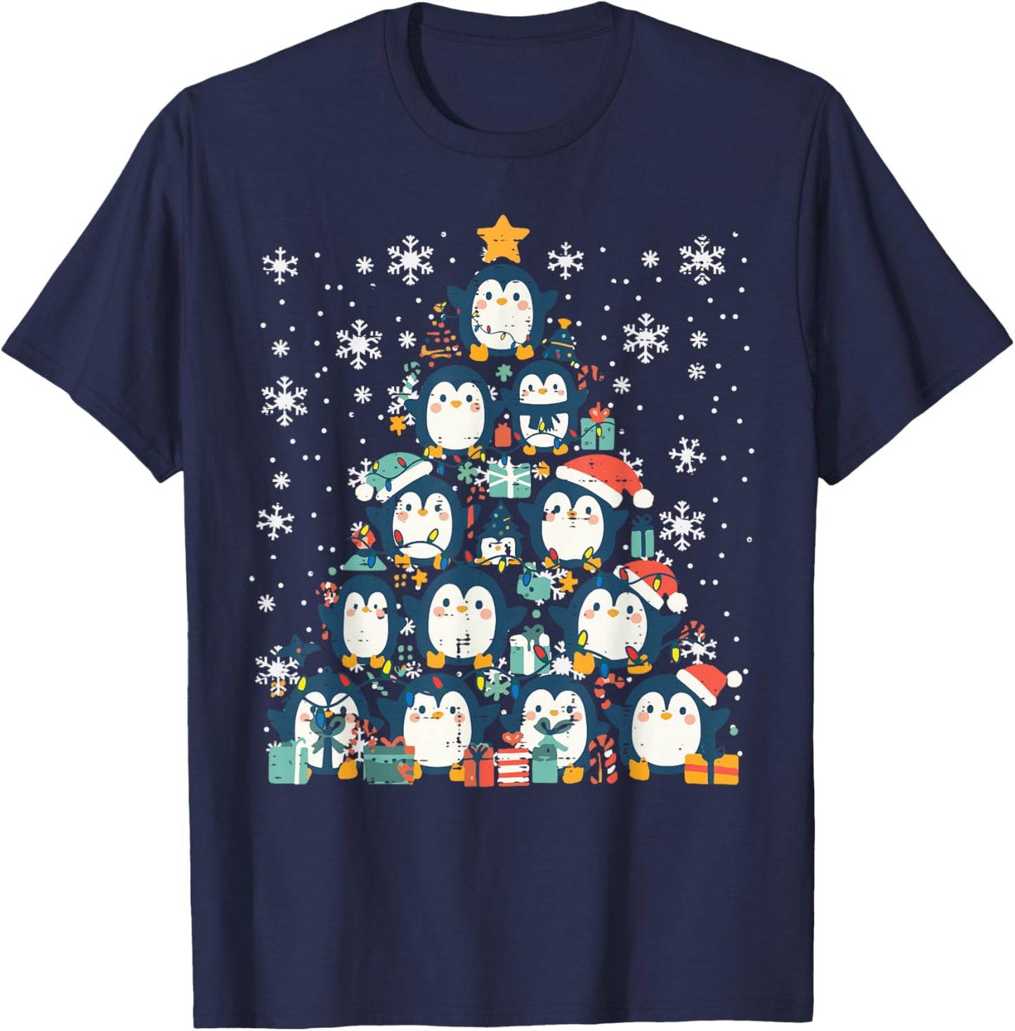 Penguin Christmas Tree Cute Xmas Girls Boys Kids Women Men T-Shirt - T-Shirt | Navy