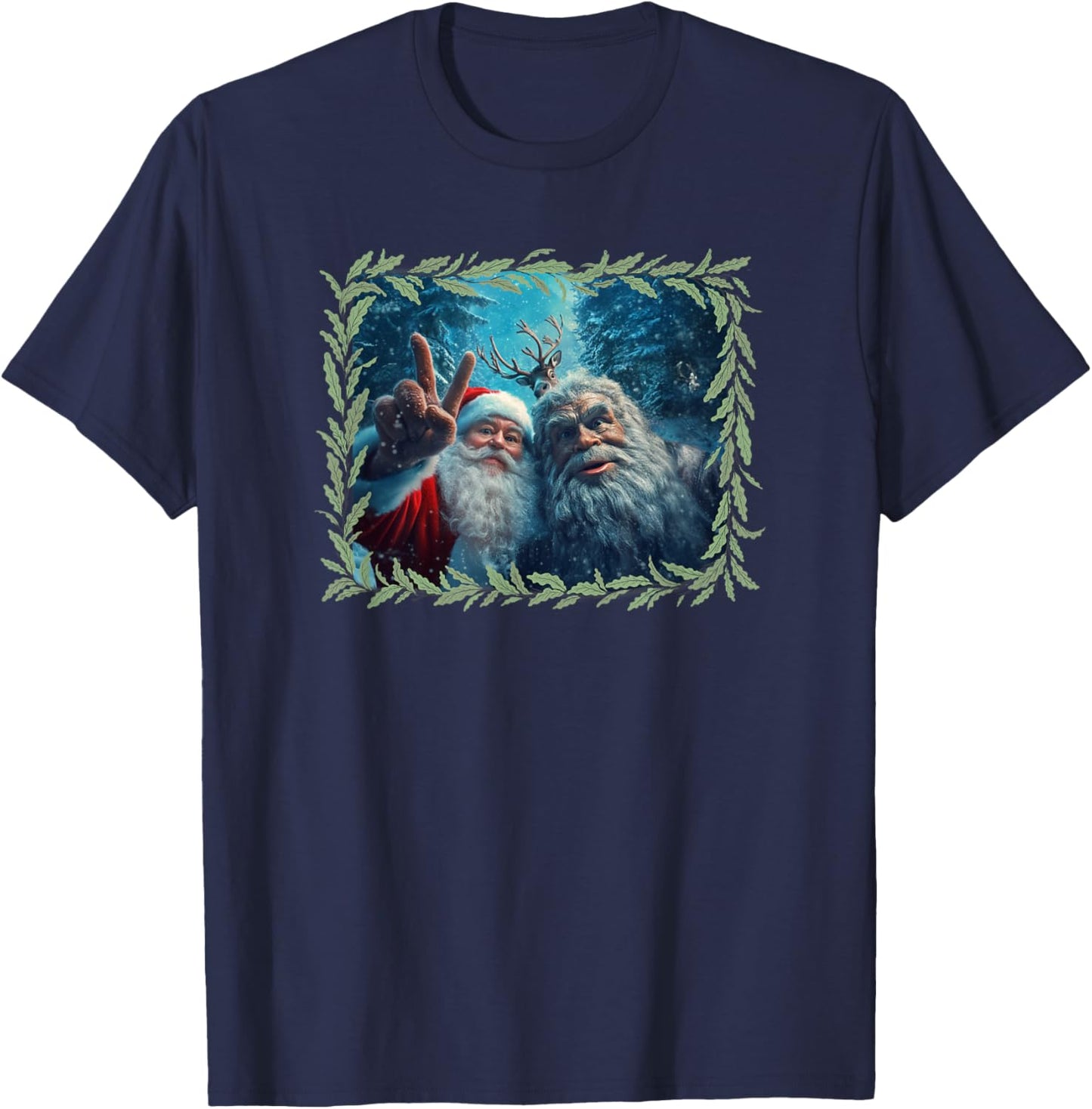 Funny Bigfoot Santa Selfie With Reindeer Sasquatch Bigfoot T-Shirt - T-Shirt | Navy