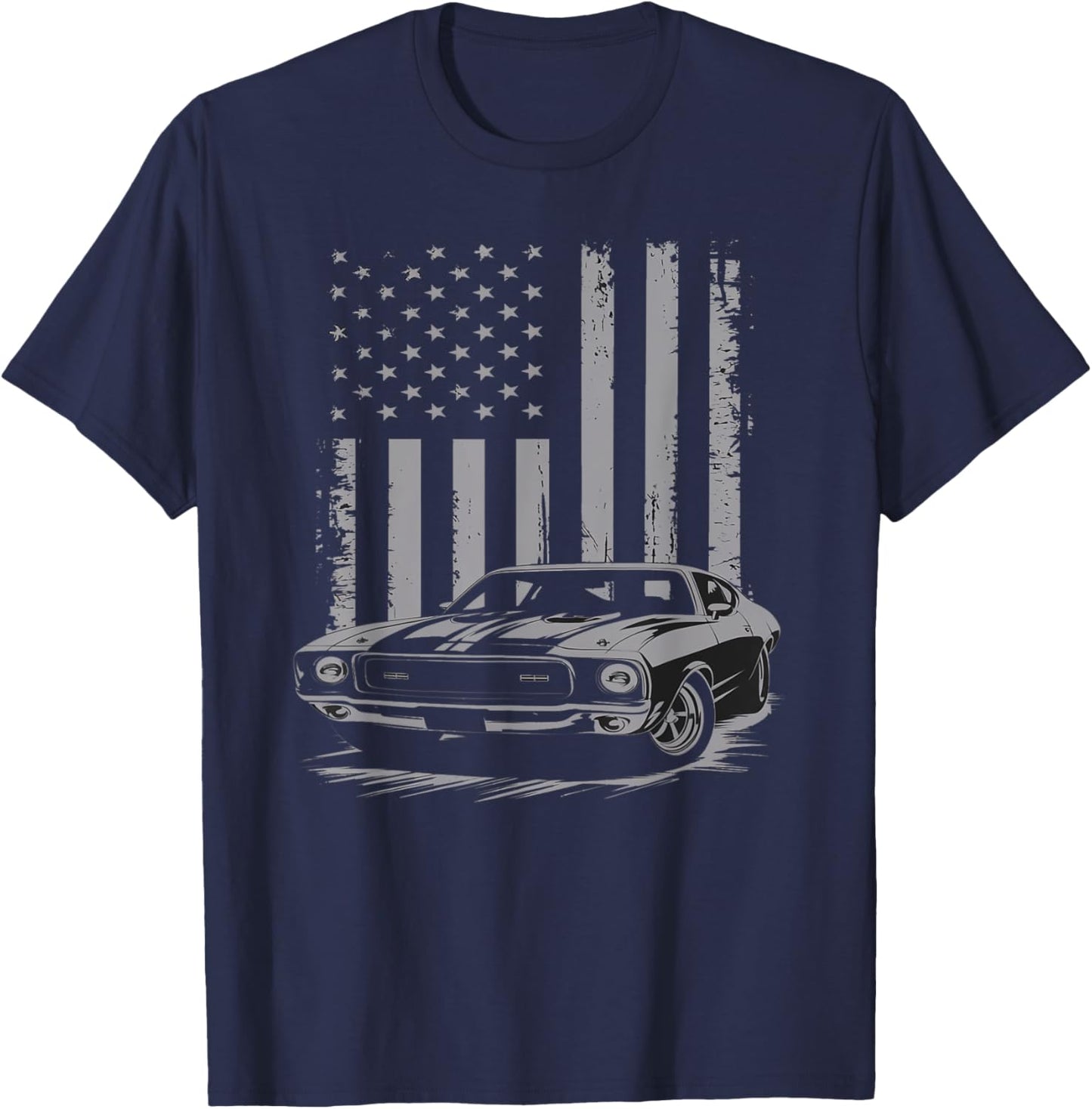 Vintage American USA Flag Muscle Car Enthusiast Fan Men Guy T-Shirt - T-Shirt | Navy