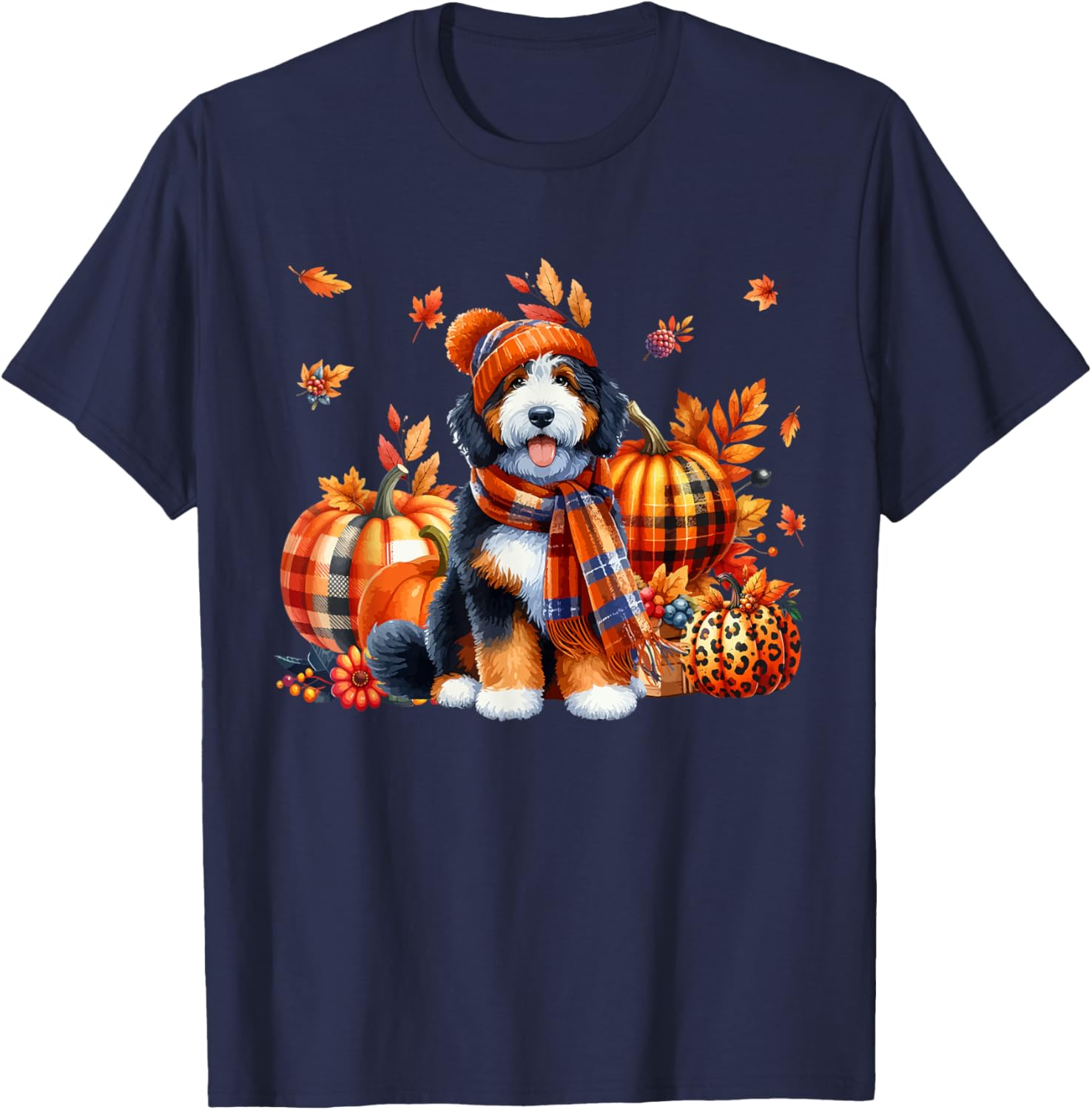 Bernedoodle Thanksgiving Leopard Pumpkins Fall Leaves Lover T-Shirt - T-Shirt | Navy