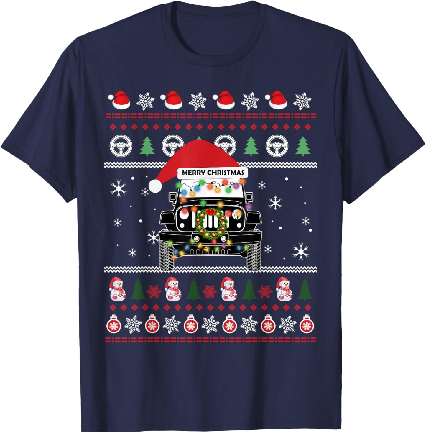 Merry Jeepmas Ugly Light Christmas T-Shirt - T-Shirt | Navy