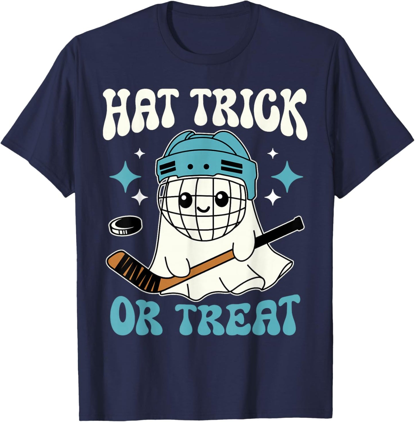 Hat Trick Or Treat Halloween Ice Hockey Player Ghost Hockey T-Shirt - T-Shirt | Navy
