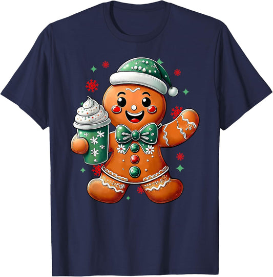 Cute Gingerbread Drinking Coffee Latte Lover Merry Christmas T-Shirt - T-Shirt | Navy